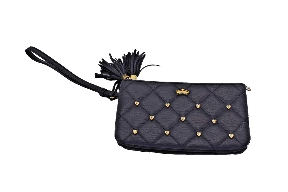 Y2K JUICY COUTURE Black Faux Leather Quilted Wristlet Clutch Gold Heart Accents